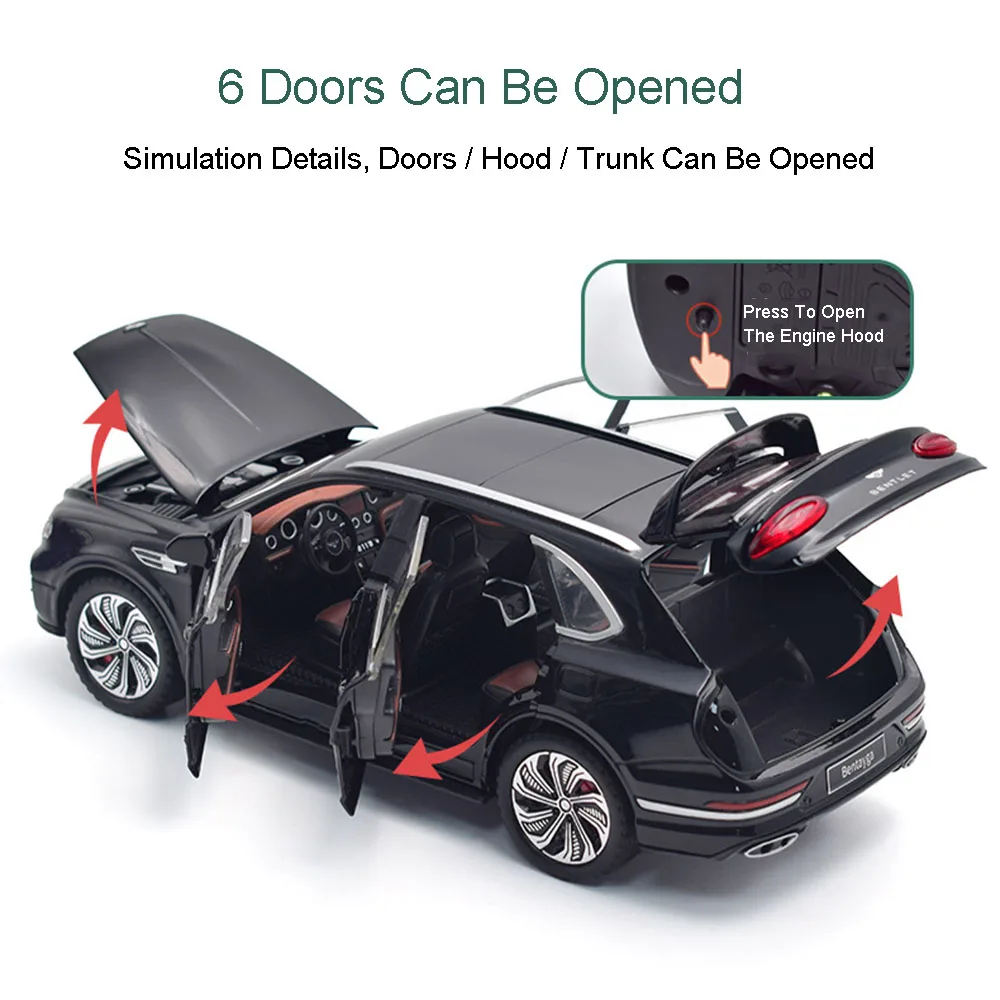 Bentaygaミニチュア車のおもちゃ、合金ダイキャスト車、6ドアを引き戻す、オープンサウンドライト、SUVモデル、子供向けギフト、1:24