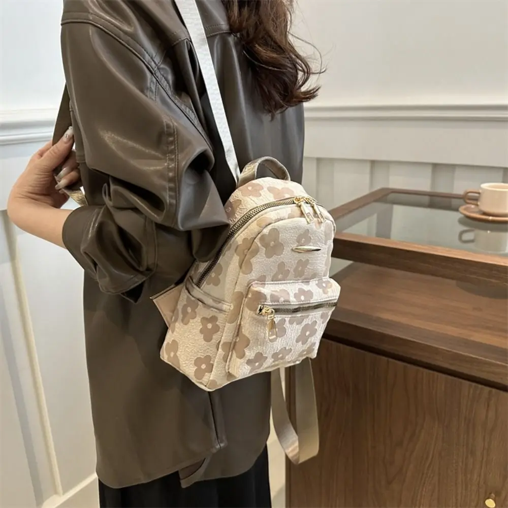 Cute Canvas Flower Backpack Pu Leather Handbag Flower Shoulder Bag Korean Style Large Capacity Students Schoolbag Ladies/Girls