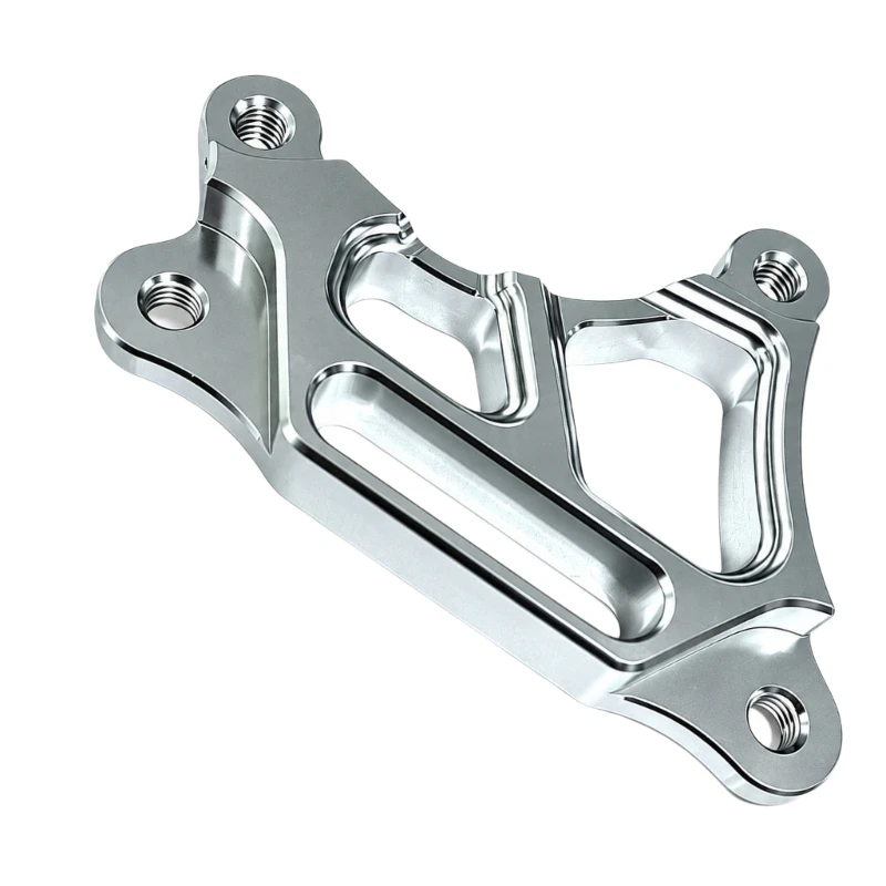 Single Motorcycle Brake Caliper Adapter Bracket, Silver-Tone Aluminum Construction with 4 Visible Threaded Holes and Three