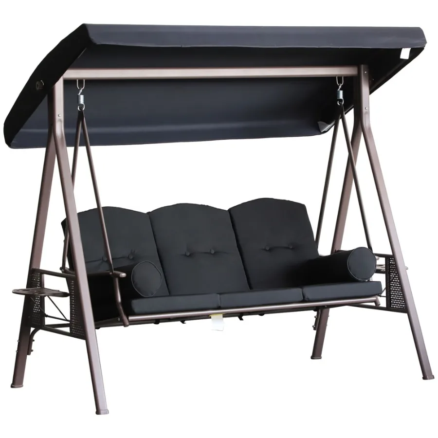

Patio Swing 3Person Steel Canopy Bench with Side Trays Padded Comfort in Black