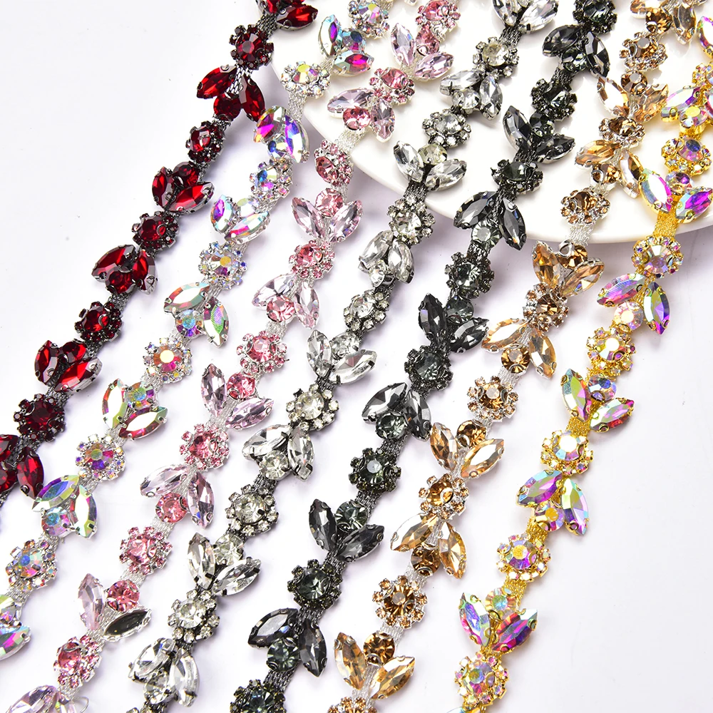 Multicolor Horse Eye Shining Glass Rhinestone Plum blossom Flower Chain Dress Diamond Crystal Trim Diy Clothes Accessories