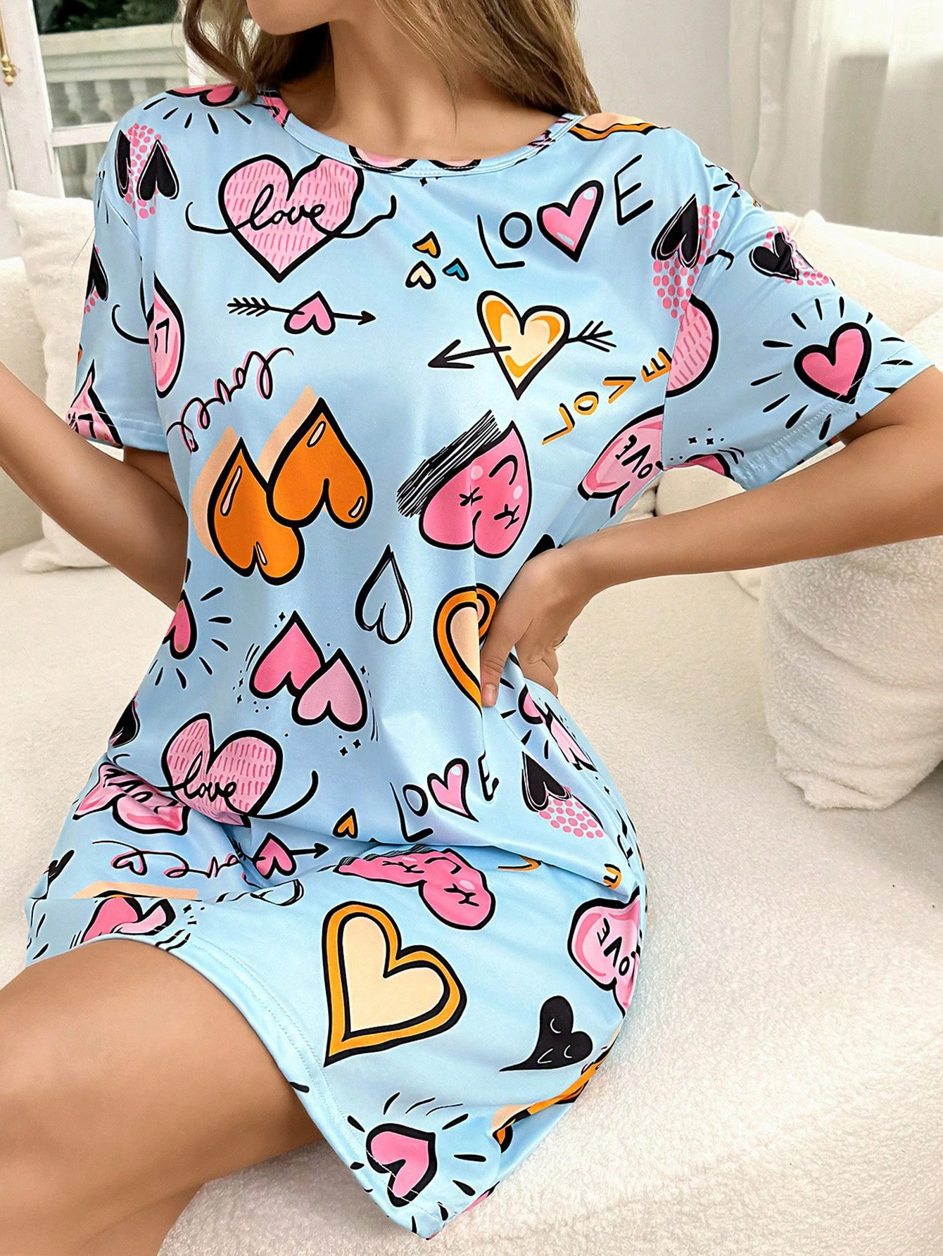 

Женское модное платье больших размеров, уличные домашние ночные рубашки в стиле сердца с буквенным принтом, свободная уличная юбка высокого качества с принтом