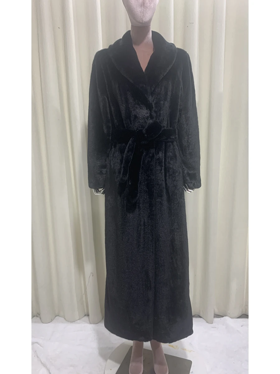 Winter Extra Long Elegant Luxury Thick Warm Flowy Soft Black Faux Rabbit Fur Coat Women Shawl Collar Maxi Furry Overcoat 2025