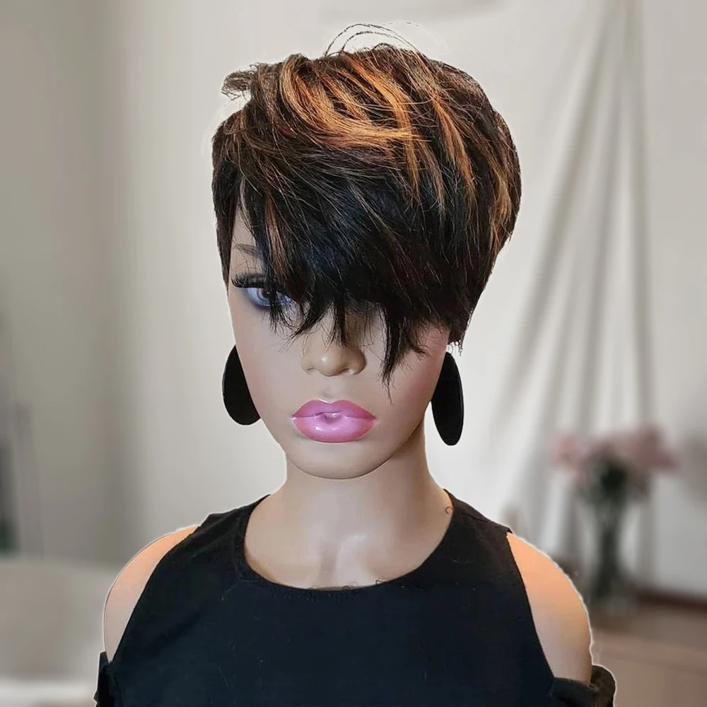 Short Pixie Cut Wig Human Hair with Bangs for Black Women 150% Density Brazilian Remy Hair Easy to Wear Short Machine Made Wig