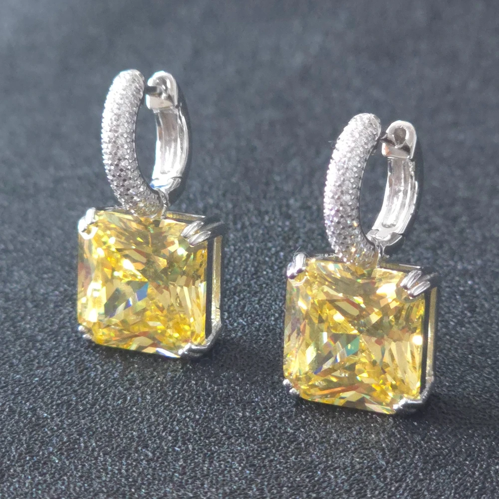 KQDANCE Solid 925 Sterling Silver With Square 13*13mm High Carbon Diamond Yellow Stone Drop Earrings For Women Fine Jewelry