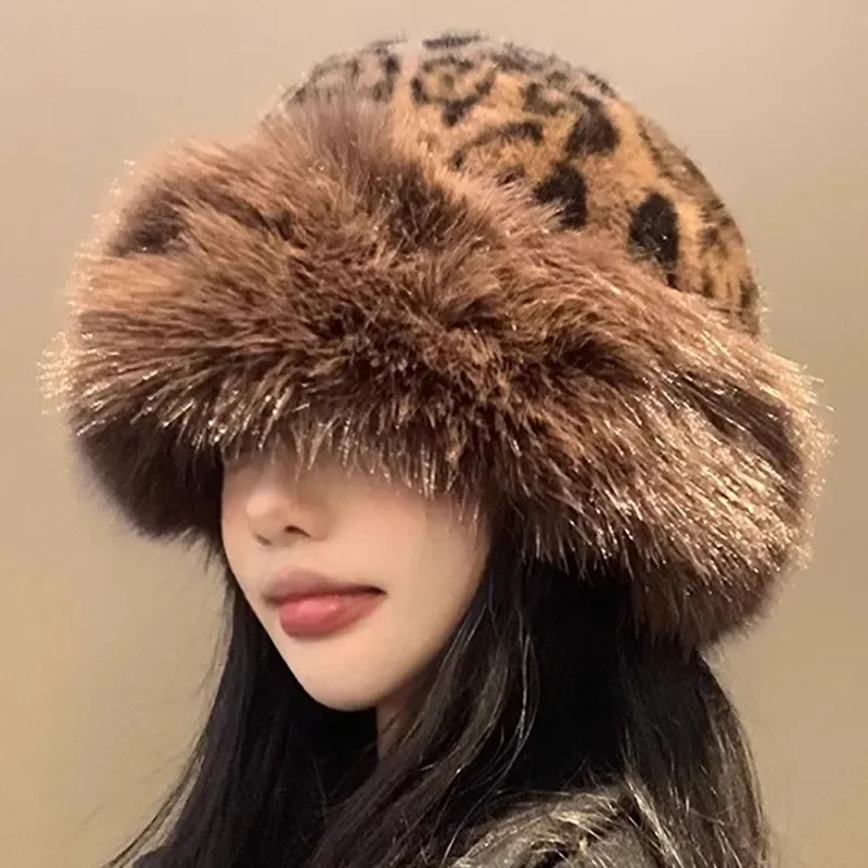 Ins Leopard Print Bucket Hat Women Fashion Furry Fisherman Cap Faux Fur Warm Winter Luxury Ear Protection Plush Panama for Girls