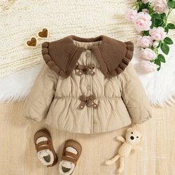 Winter New Girls Turned Cotton-padded Clothes Bow Silk Lead Button Solid Color Wave Texture Plus Cashmere Thick Coat for Baby