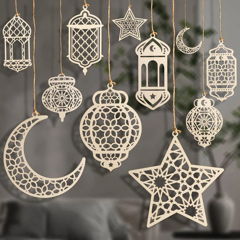 Eid Mubarak Wooden Hanging Signs Ramadan Kareem Hollow Hanging Ornaments Moon Star Shaped Tree Pendant Islamic Muslim Home Decor