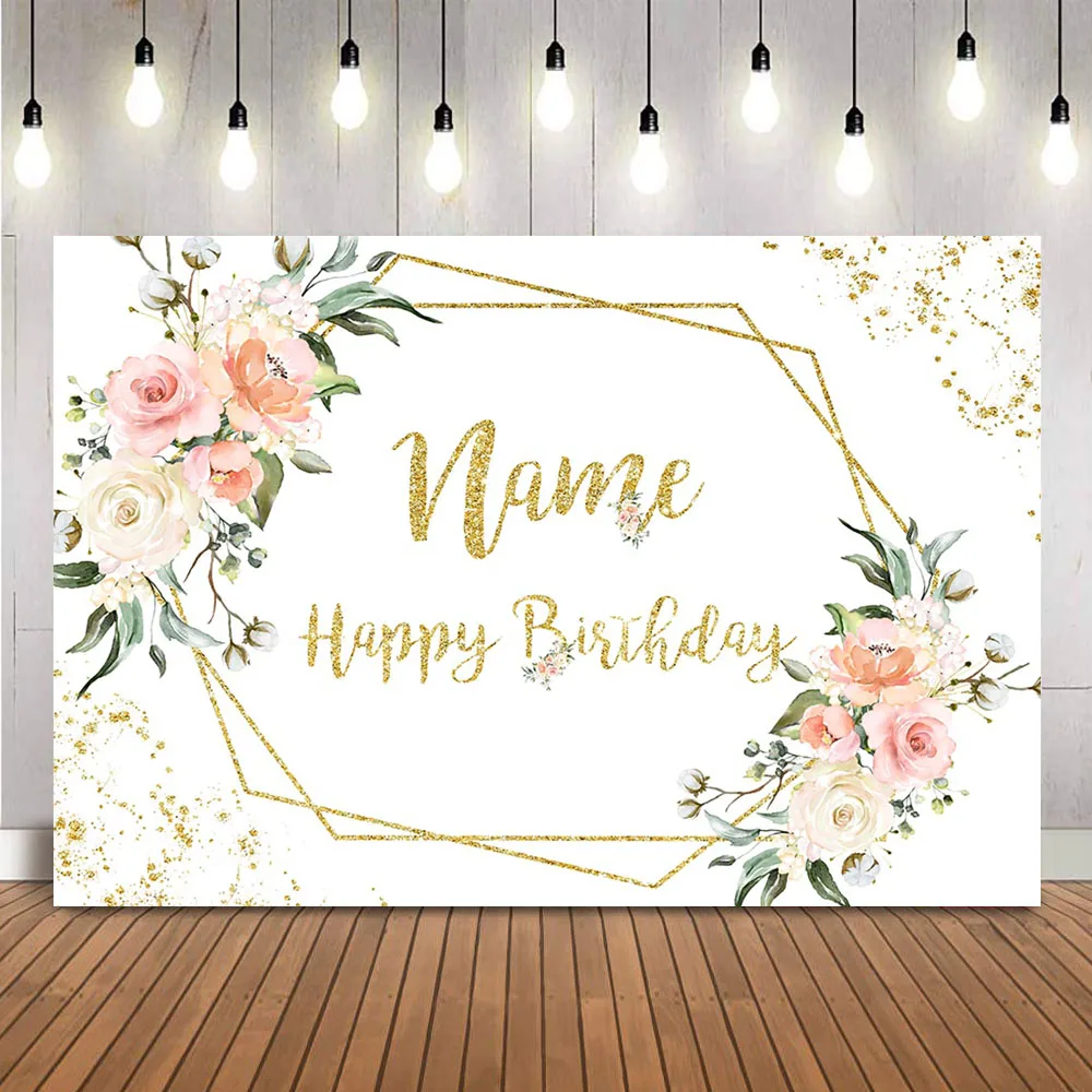 

Name Happy Birthday Customize Backdrop Pink Floral Decoration Supplies Photocall Gold Dot Customize Personalize DIY Supplies