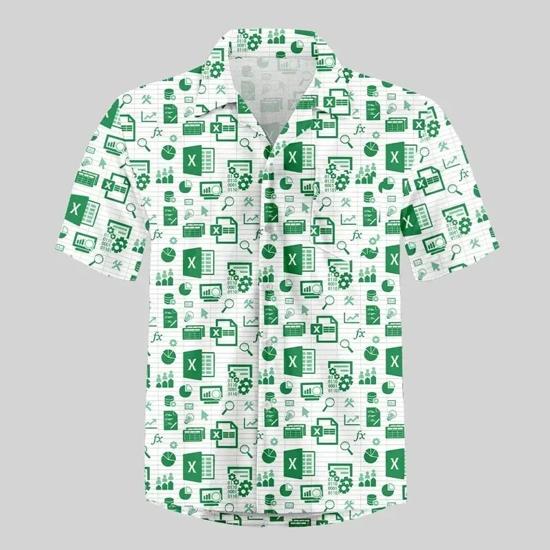 

Men Shirts Casual Vacation Button Design Creative Work Short Sleeve Top Fun Excel Spreadsheet 3D Print Sport Quick-dry