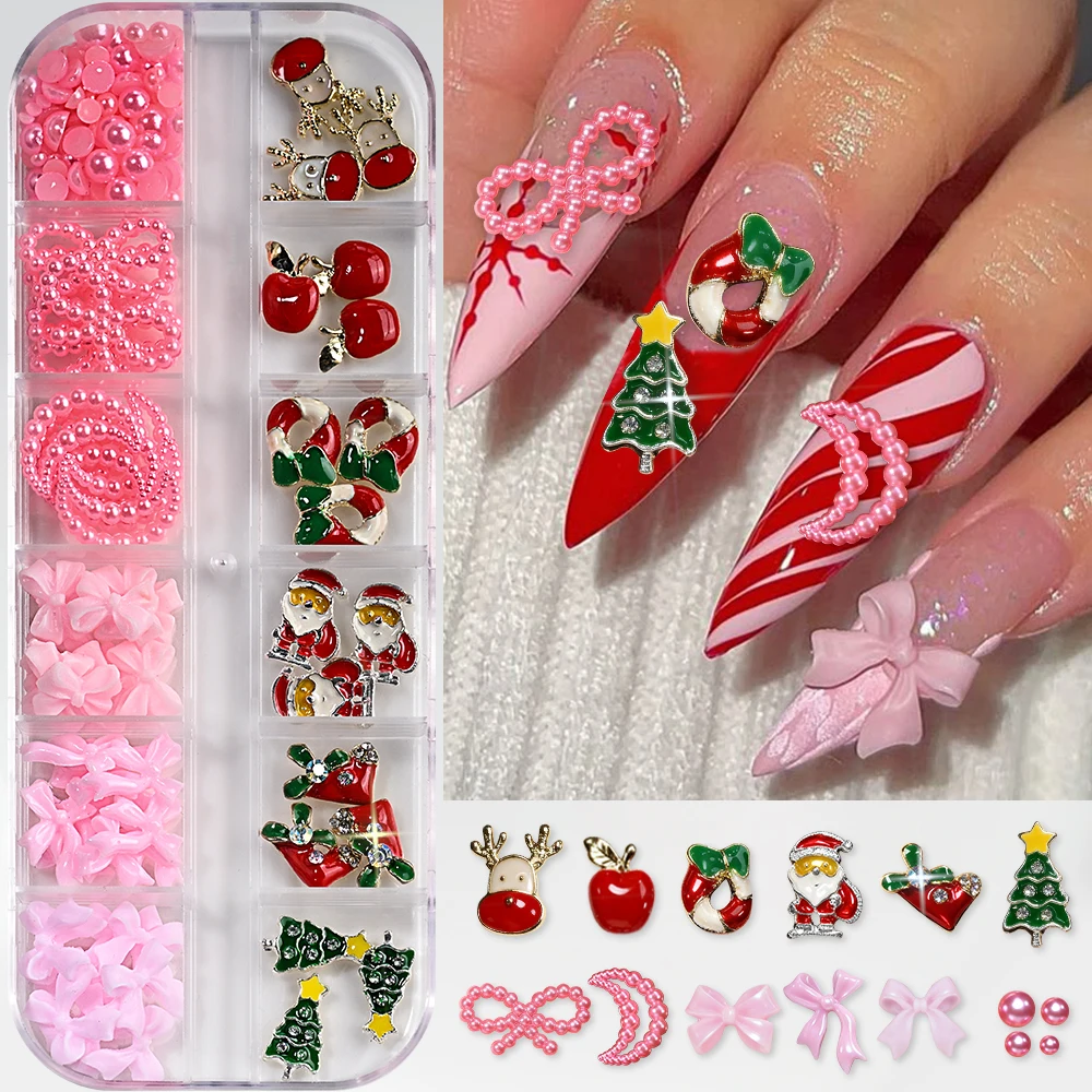 12 griglie glitter 3D ciondoli per unghie in lega di Natale e fiocchi di farfalla rosa in resina set di decorazioni fai da te carino y2k forniture per unghie natalizie