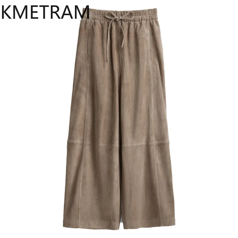 KMETRAM Genuine Leather Pant Woman Crossbreed Sheep Suede Cropped Trousers Wide Leg Pants for Woman Drawstring Elastic Waist 바지