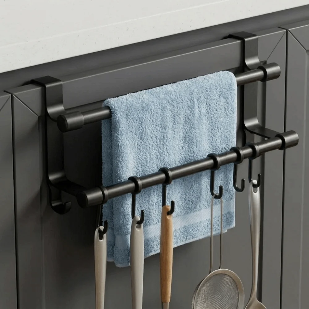 Space-Saving Double Rod Towel Rack Punch-Free Heavy Duty Door Rear Hook Storage Rack Light Luxury with Hooks