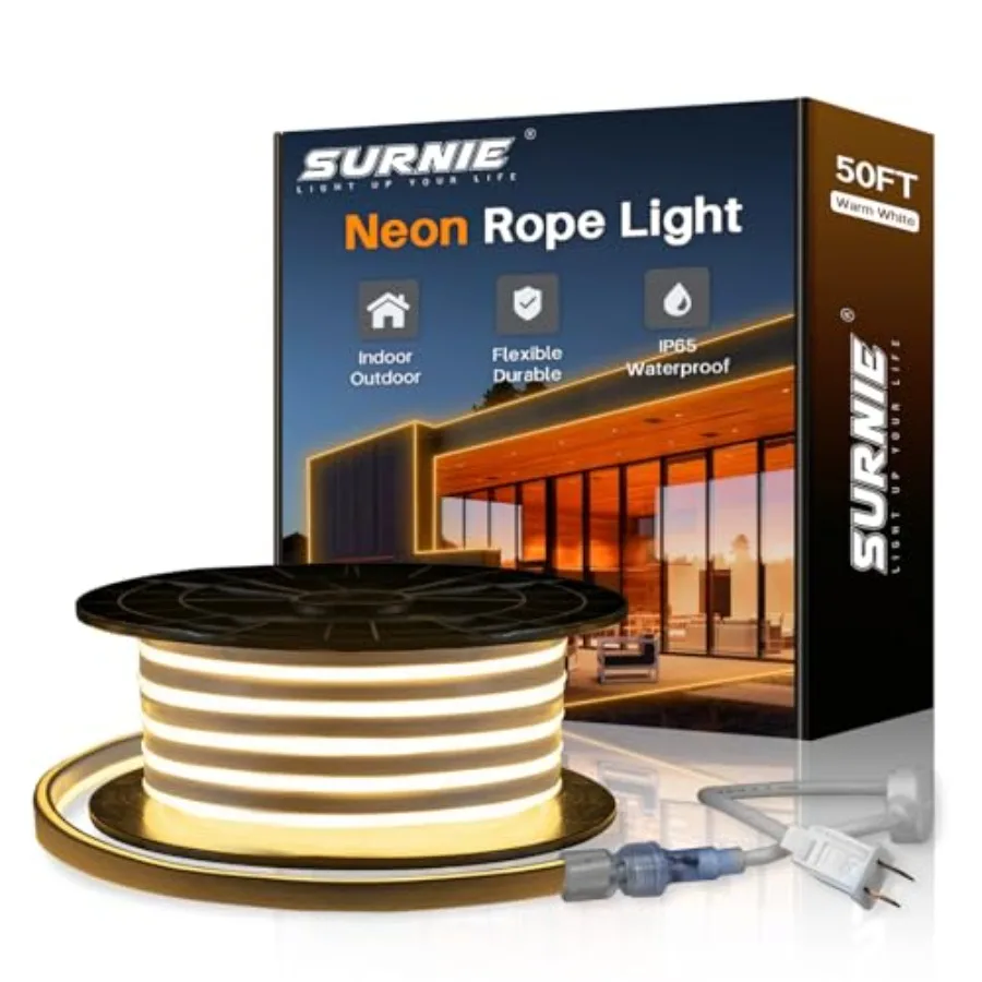 50ft/15m LED Neon Rope Lights - Commercial Neon Strip Light Outdoor Waterproof - 110V Flex Neon Lights Connectable DIY Strips L
