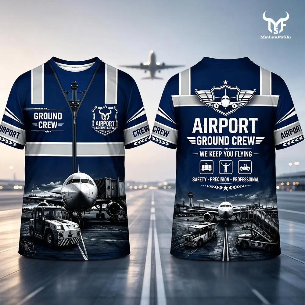 2026 New Airport Ground Staff Work Uniform Daily Outdoor Quick-Drying Airplane Runway Print Tops Unisex Basic Round Neck T-Shirt