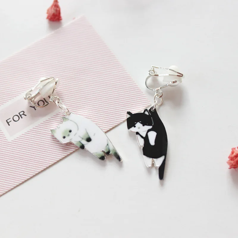 Japenese Korea Style Lovely Black Cat Enamel Clip Earrings Without Piercing for Girls Party Cute Animal Kids No Hole Ear Clip