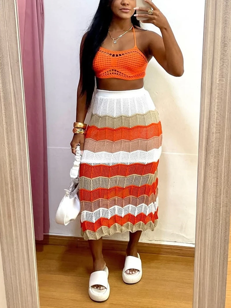 

plus Size XXL 2PCS Women's Knitting Bikini Cover-Up Set Sexy Halter Crop Top High Waist Skirt Bottom Wrap Long Beach Dress
