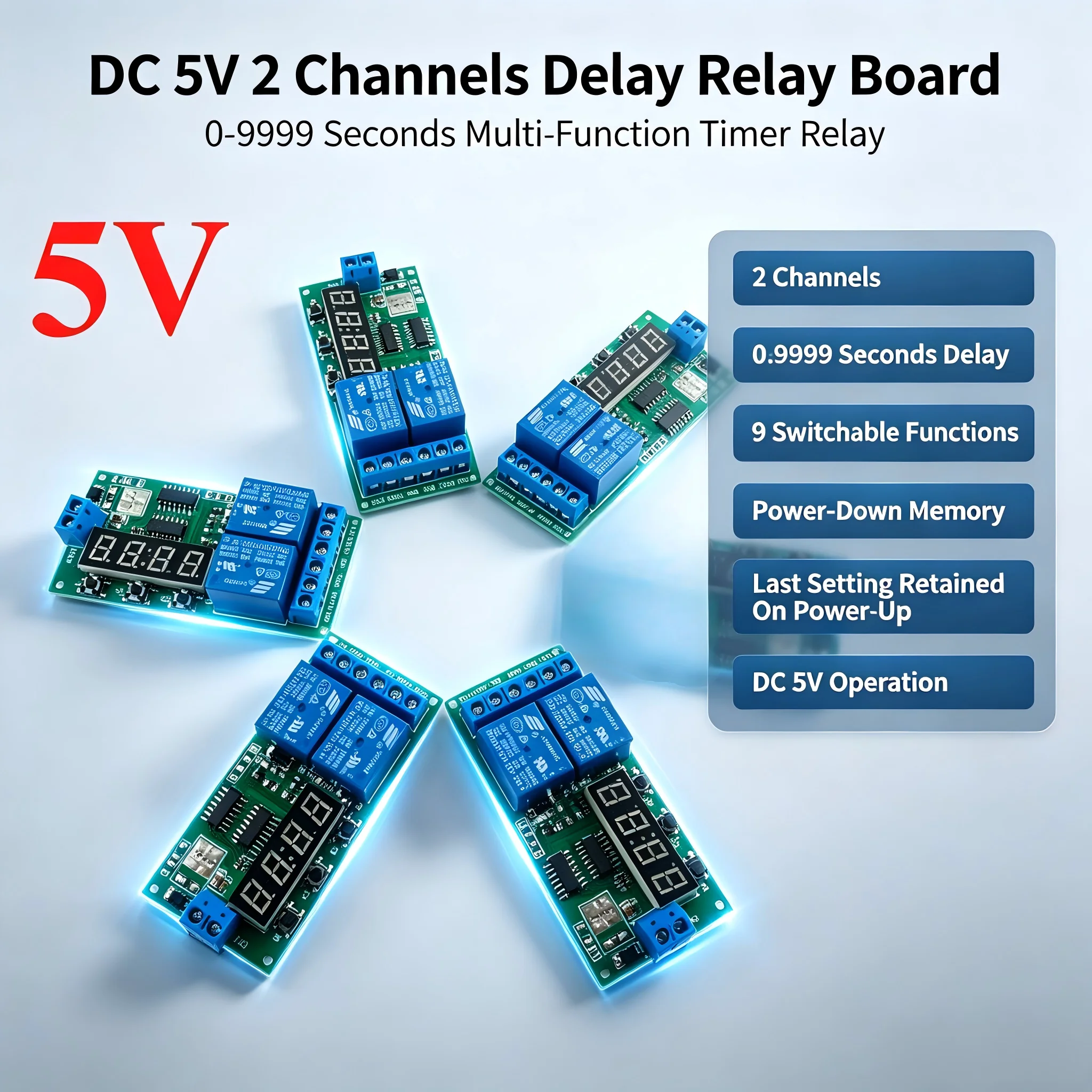 5Pcs 2CH DC 5V Digital Programmable Relay Module Timer Switch 1-9999s Delay Cycle Control for Motor Reverse