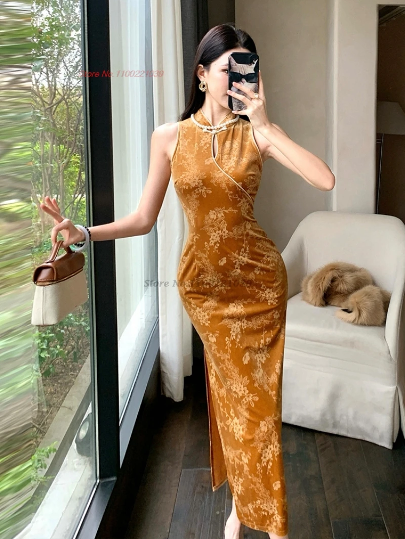 

2025 chinese vintage dress improved velvet embossing cheongsam evening dress traditional sexy nightclub banquet evening dress