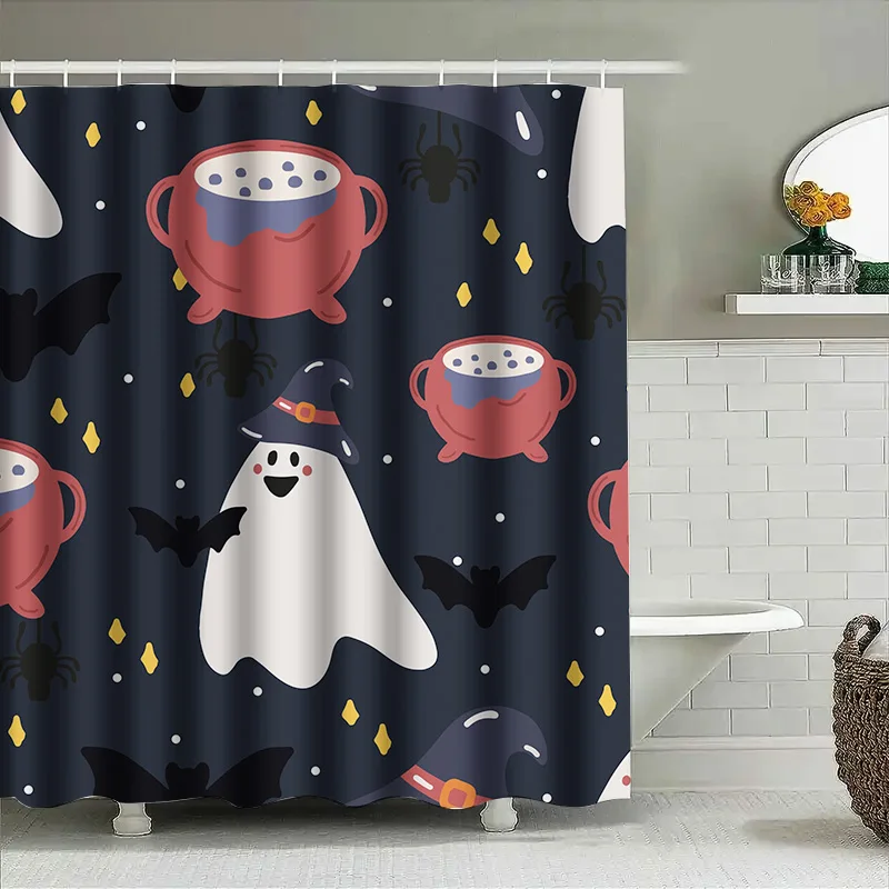 

Tuniu Хэллоуин Летучая Мышь Призрак Ведьма Занавеска Для Душа Декор Для Ванной Комнаты Темно-Синий Жуткий Подарок