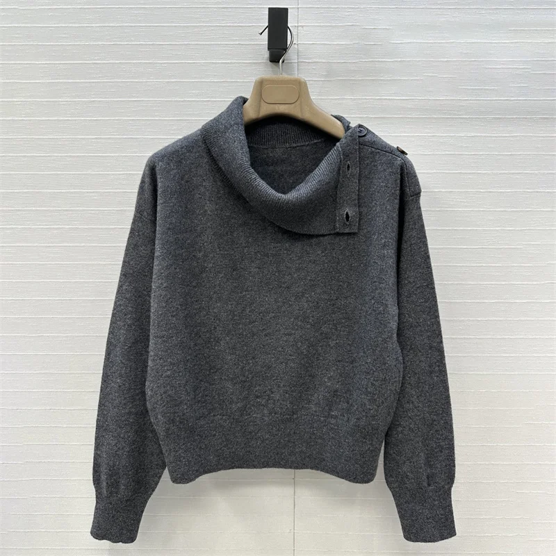 2025년 가을 여성용 캐시미어 혼방 니트웨어, 비대칭 슬림핏 하이넥 긴팔 스웨터