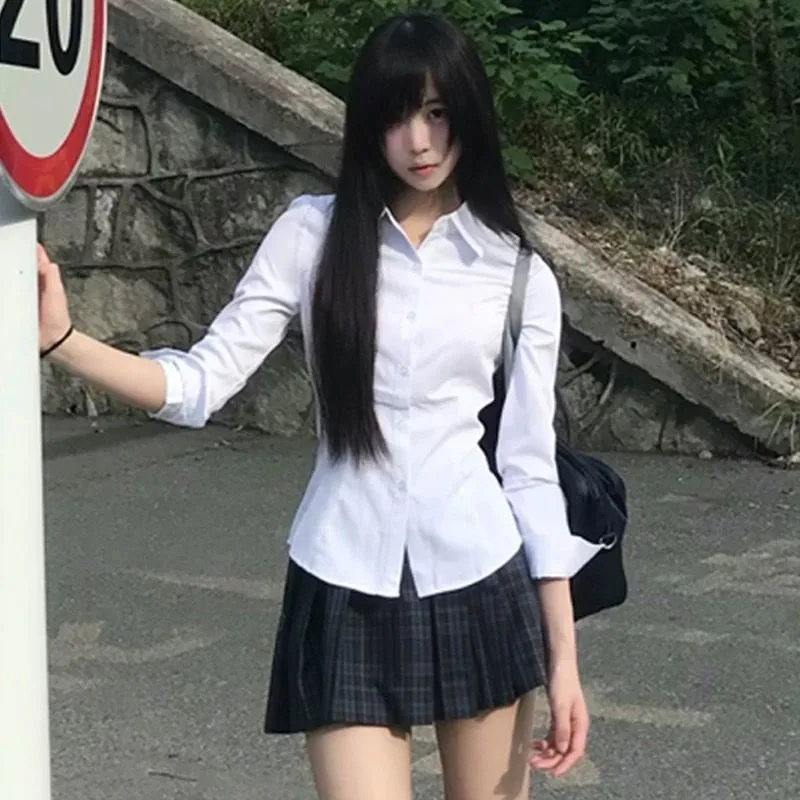 Deeptown White Basic Preppy Women Shirts Long Sleeve Turn Down Collar Japanese Fashion Slim Blouses Jk Solid Color Aesthetic