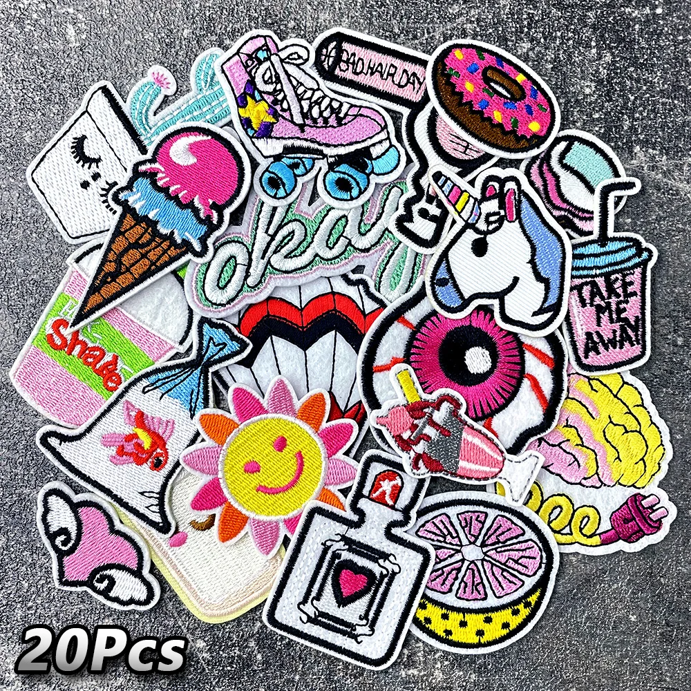 20pcs/Lot Skates Ice Cream Iron on Patches Embroidery Applique Ironing Supplies Decorative Patch Transfers for Clothing