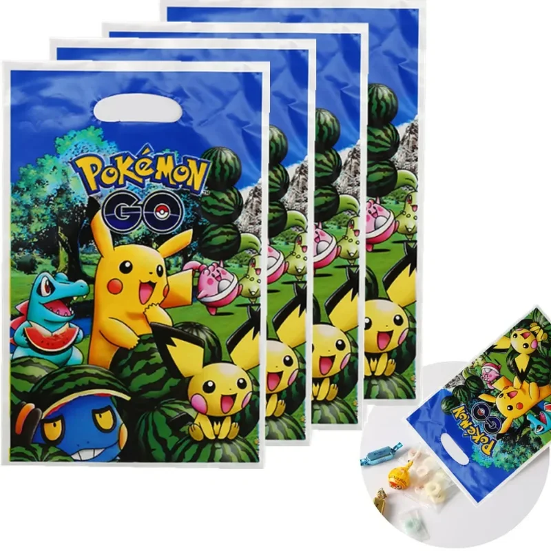 Pokemon Theme Gift Bags for Kids, Pikachu Plastic Candy Loot Bag, Anime Figure, Handle, Party Supplies, Birthday Party, 10pcs