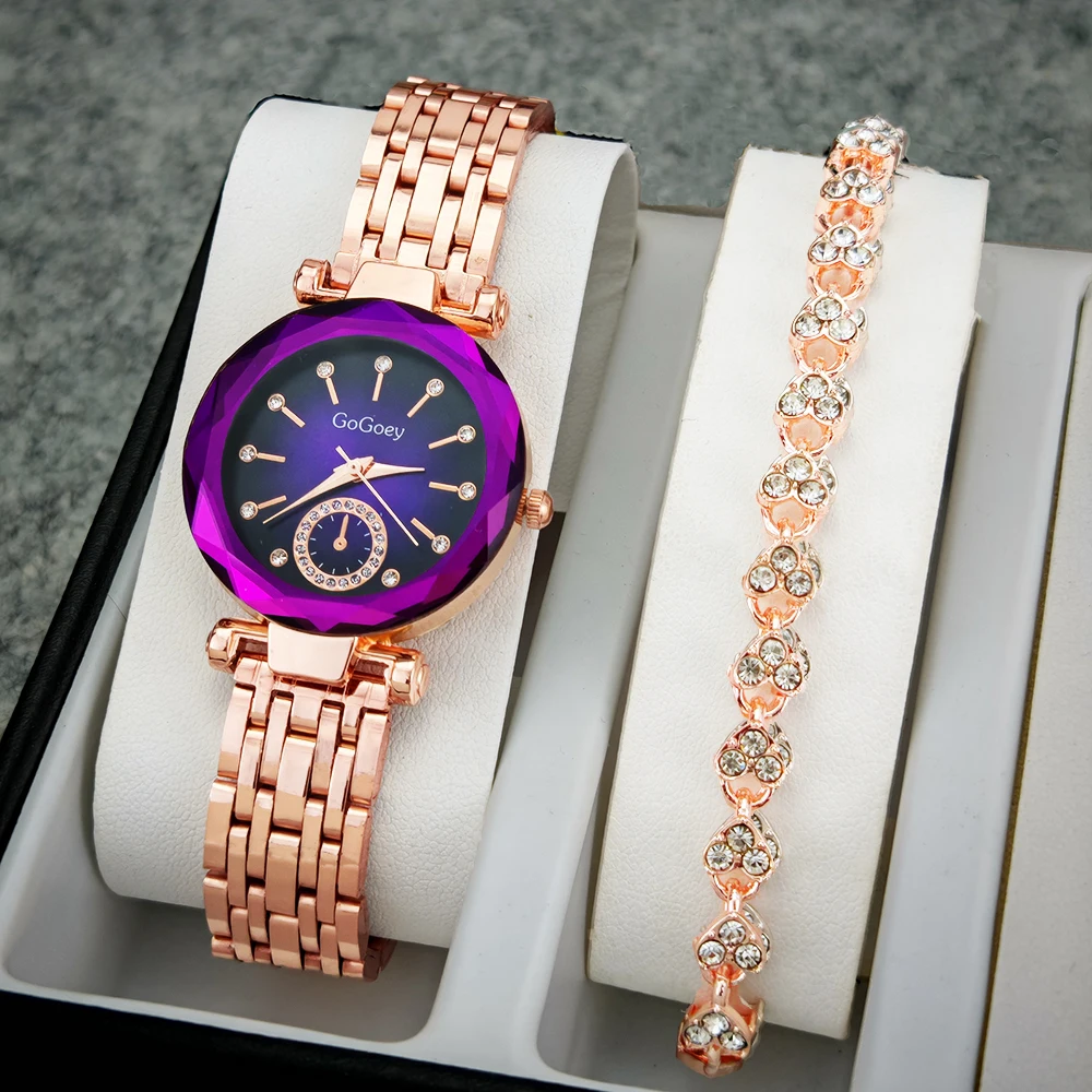 طقم ساعة كوارتز نسائية من الفولاذ المقاوم للصدأ ، سوار مجاني ، قلب المحيط ، ساعة ضيقة غير رسمية ، 2 *