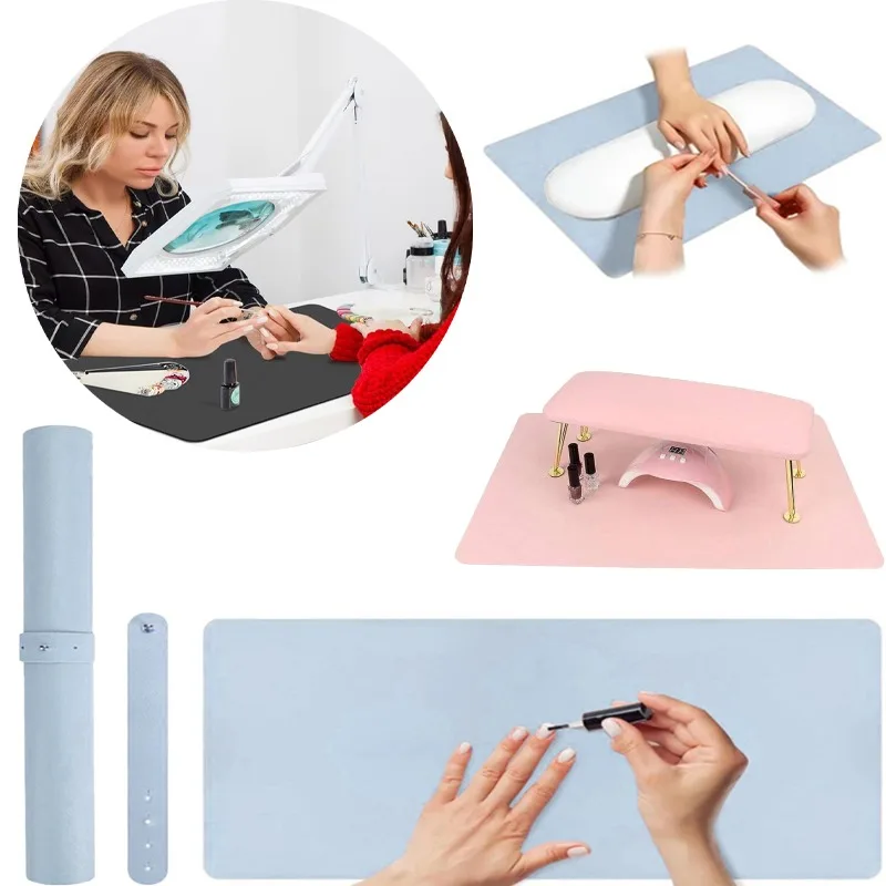 30*60cm Manicure Table Mats Nial Tools Portable Foldable Nail Armrest Anti-slip Mat Nail Salon Microfiber Leather Manicure Table