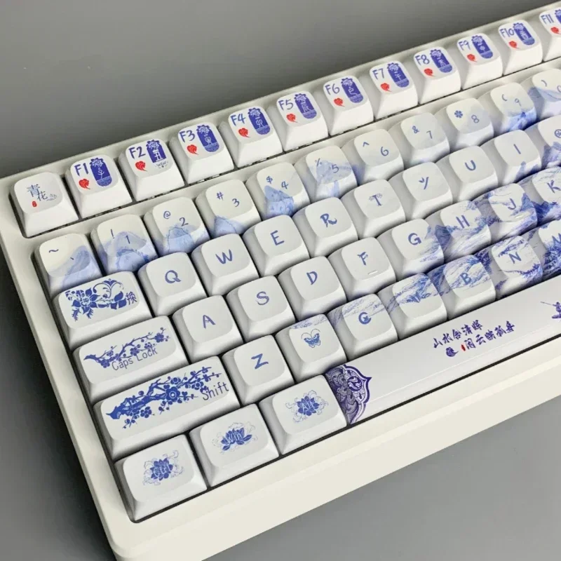 Blue and White Porcelain Keycaps Custom PBT ZDA Profile Mirror Keycaps Cute Anime Point Key Cap for Gaming Mechanical Keyboard