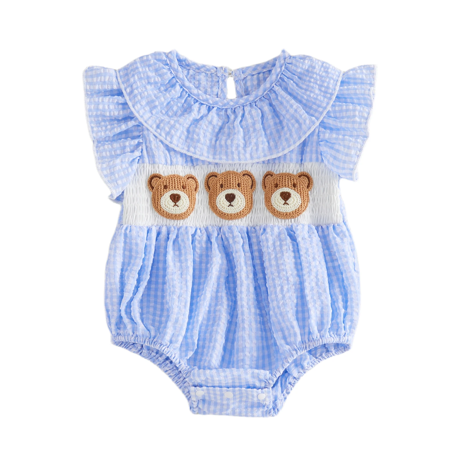

Летний клетчатый комбинезон для маленьких девочек, модный милый комбинезон с рюшами на рукавах и вышивкой в ​​виде медведя, комбинезон для детей 0-24 месяцев