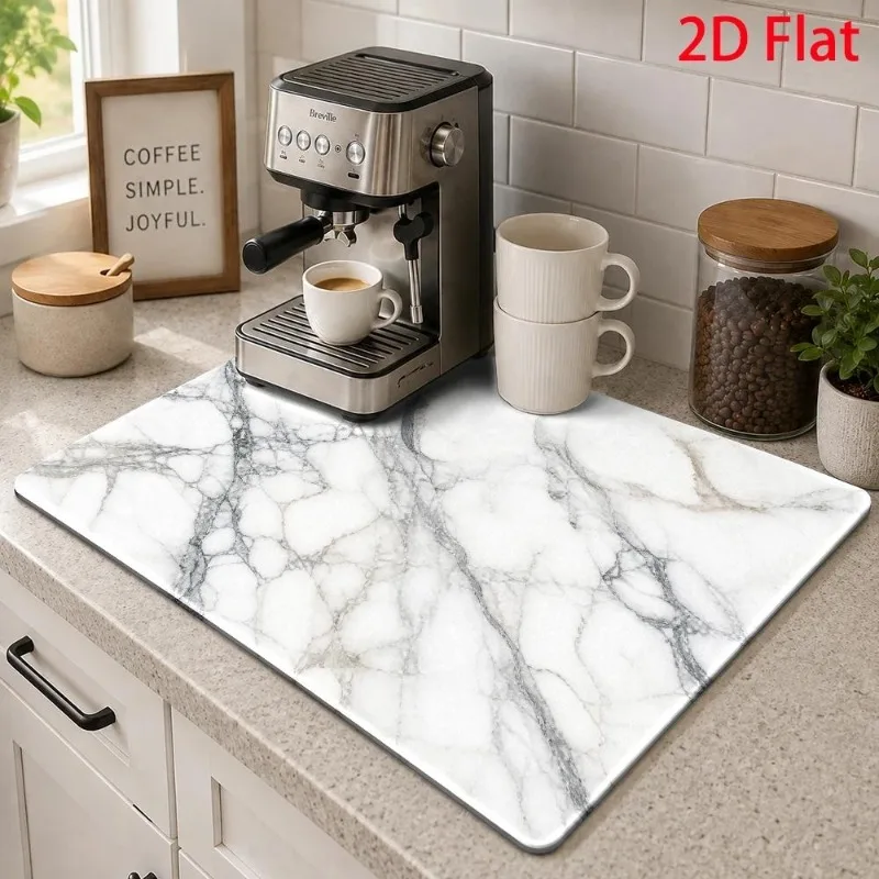 Super Absorbent Mat 2D Flat White Marble Texture Cushion Dish Drying Pad Espresso Coffee Maker Placement Countertop Rug