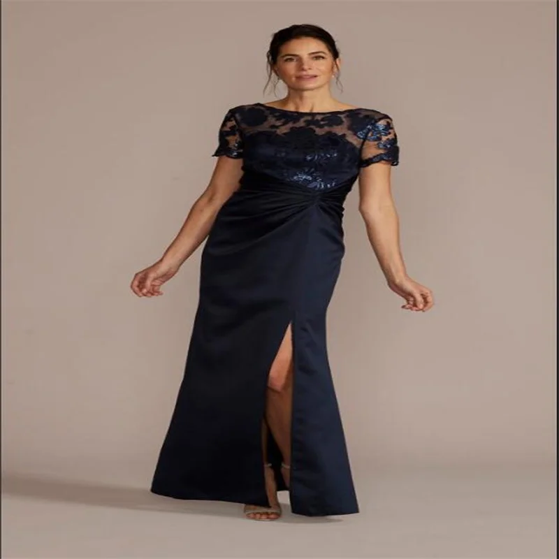 

O Neck Mother Of The Bride Dresses For Weddings Navy Blue Satin Suit -Dress For Ladies Short Sleeve Knee Length Mon Dress