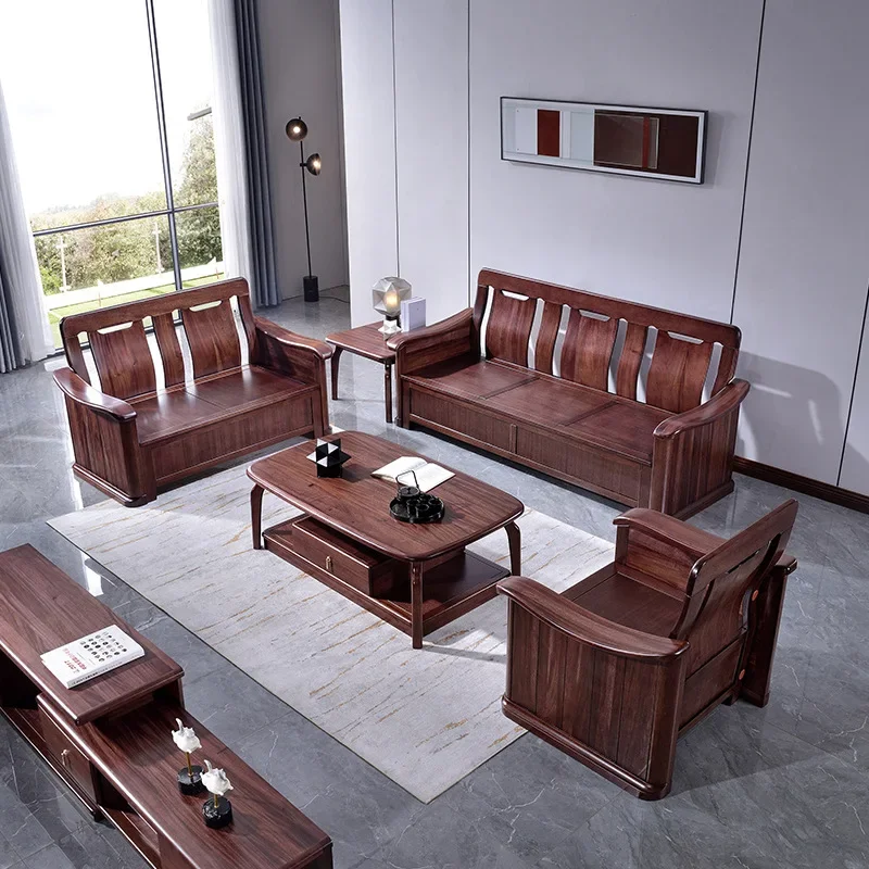 Solid wood sofa Modern living room 1 + 2 + 3 combination large apartment light luxury villa sofa Ebony high-end furniture