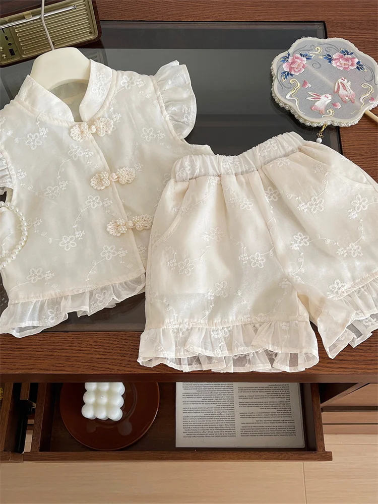 

Новый летний комплект из двух предметов для девочек: легкий и модный костюм в китайском стиле