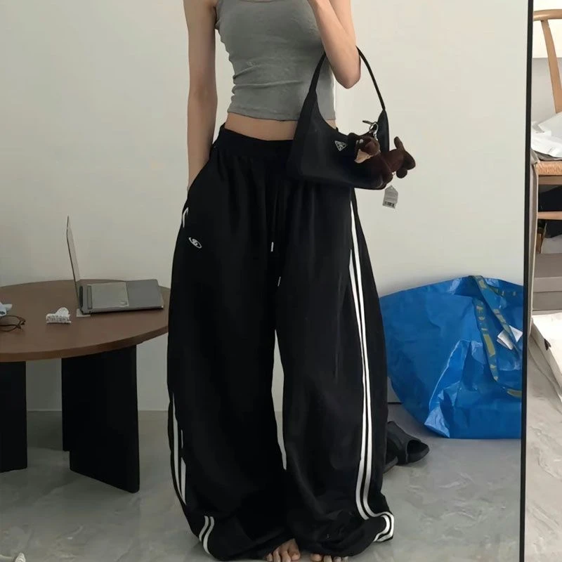 QWEEK Harajuku Vintage Striped Pants Woman\'s Oversized Korean Fashion Cargo Trousers Jogger Baggy Black Sports Casual Sweatpants