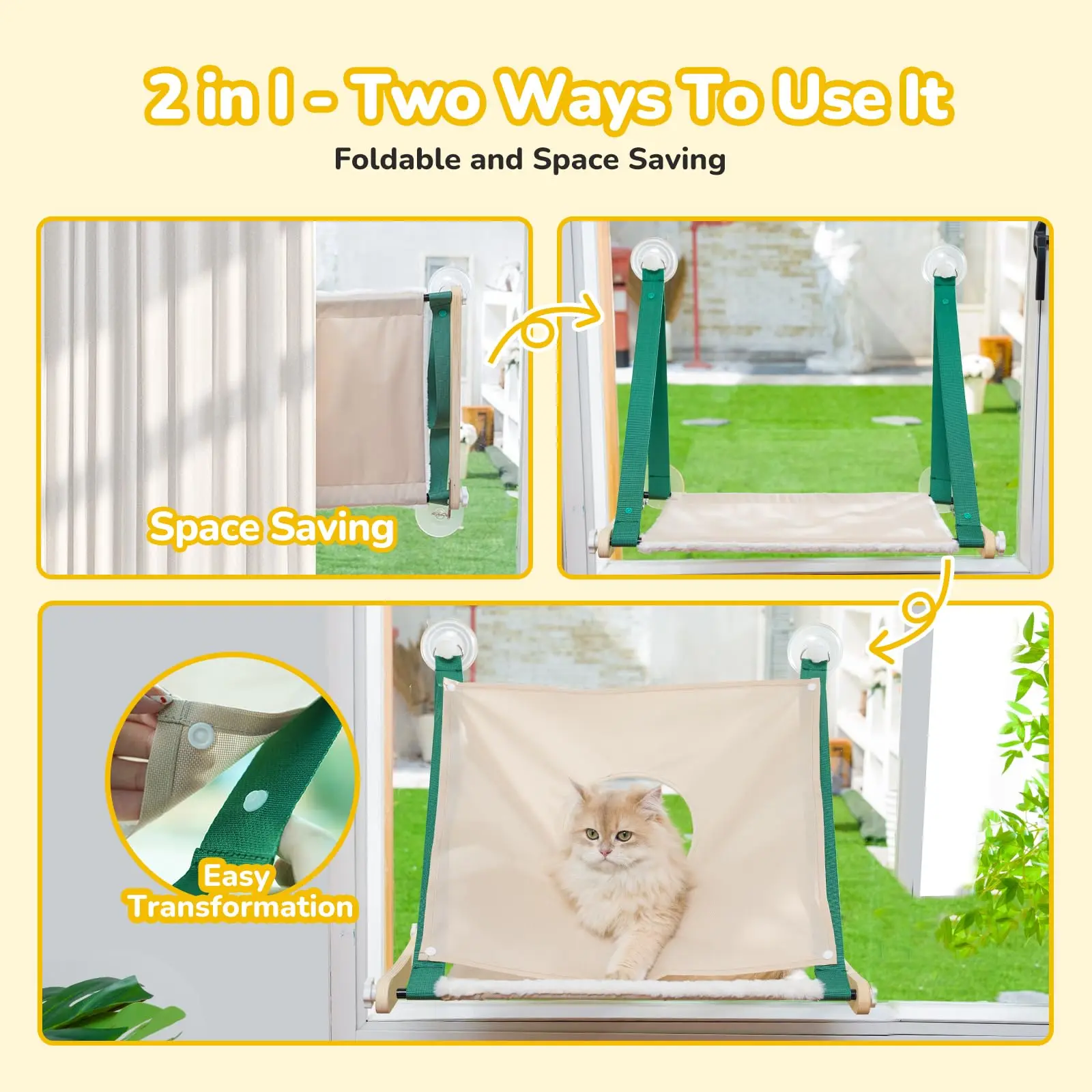 Large Cordless Cat Window Perch Glow in The Dark Cat Window Hammock with Hook Design Double-Sided Fabric Cover Foldable Window