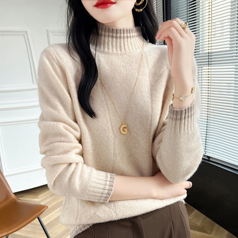 

24 New all-match 100% Merino wool pullover Autumn-winter cashmere sweater Women's turtleneck pullover warm bottom knit shirt top