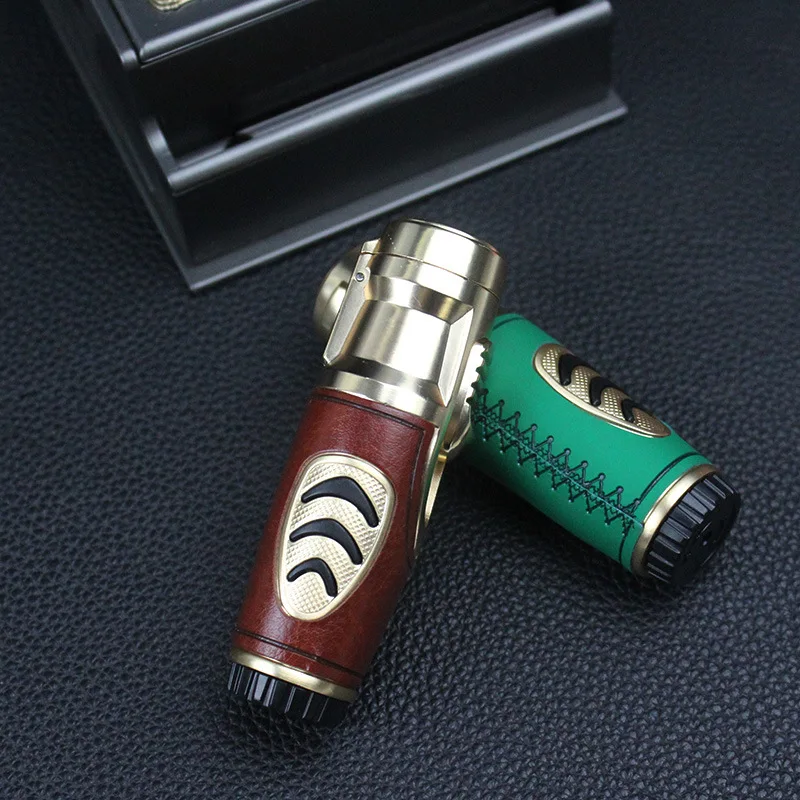 Honor Flip Lighter Windproof Double Direct Shock Blue Flame High-end Business Leather Inflatable Cigar Lighter Wholesale