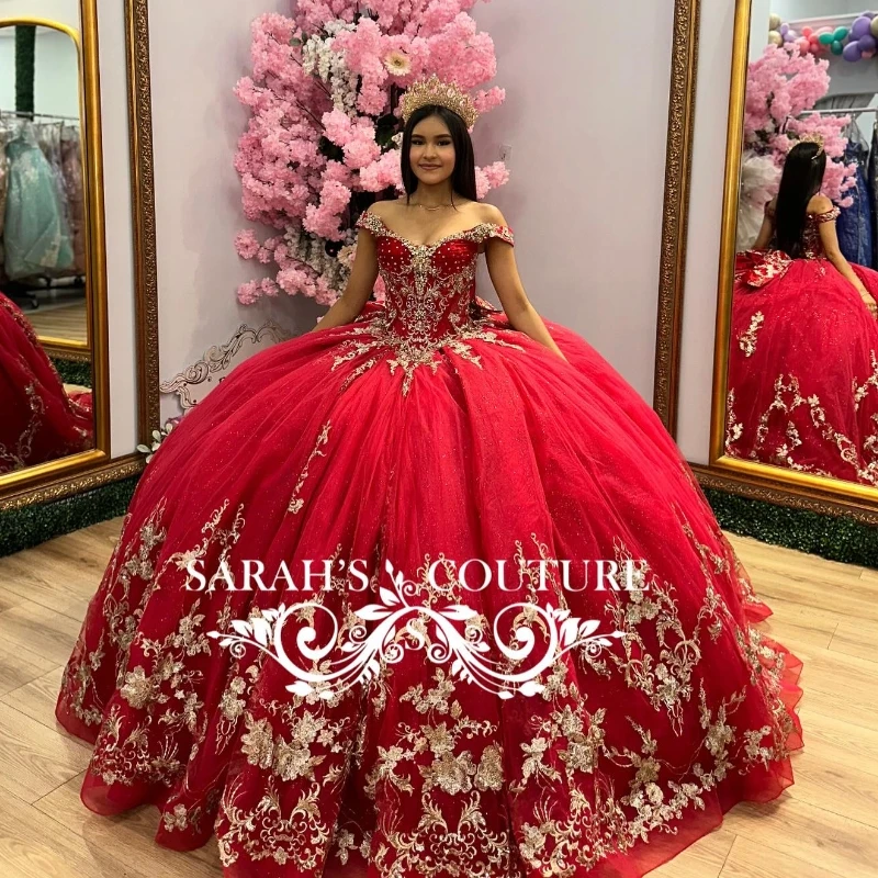 

Mexico Red Quinceanera Dress Ball Gown Off The Shoulder Gold Applique Lace Beaded Crystal Tull Corset Sweet 16 Vestidos De 15