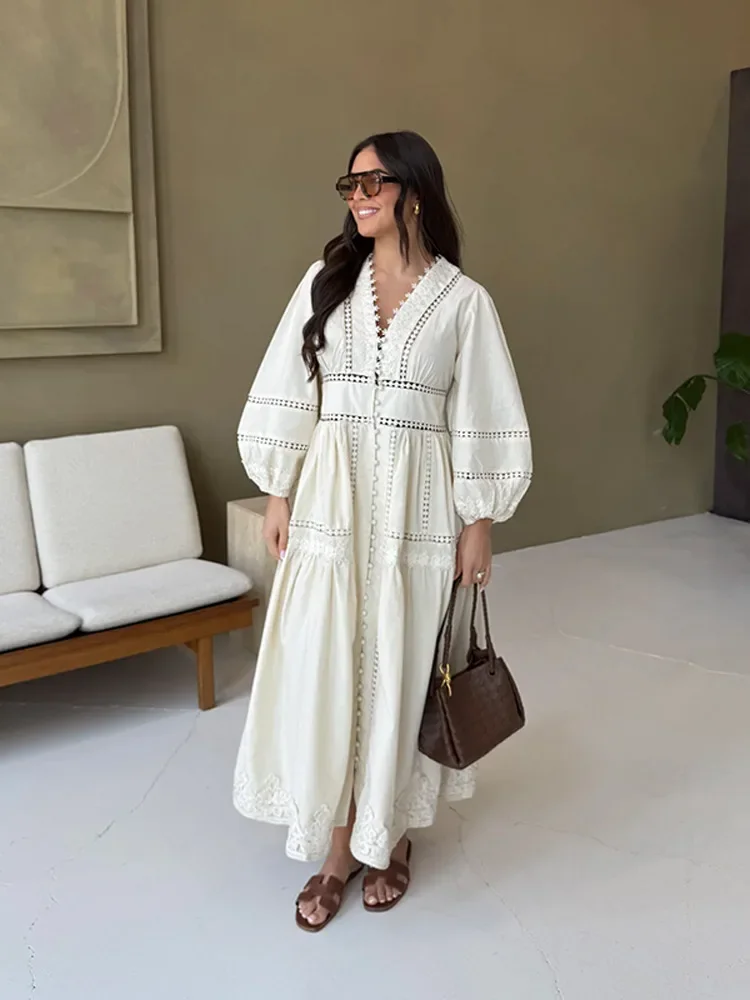 

Elegant Lace Hollow Out Women's Long Dress Solid V-neck Patchwork Puff Sleeve Bodycon Dressess Female 2025 Spring New Lady Robes