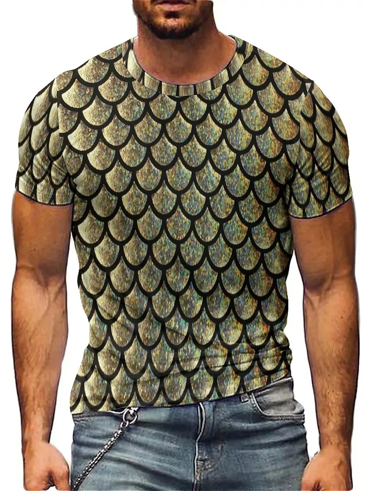 

Men's Hip-Hop Style 3D Geometric Fish Scale Print T-Shirt, Short Sleeve, Breathable Polyester Fabric, Green/Golden Scales Design
