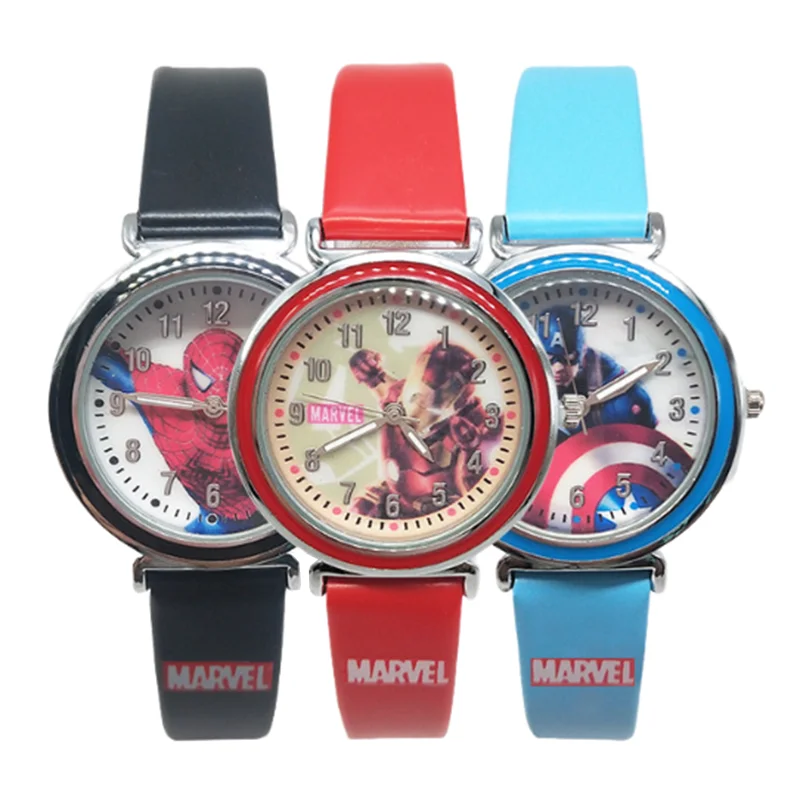 Miniso Anime Cartoon Marvel Captain America Spiderman Iron Man Round Quartz Boys Students Watch Kids Leather Belt Watch Gift