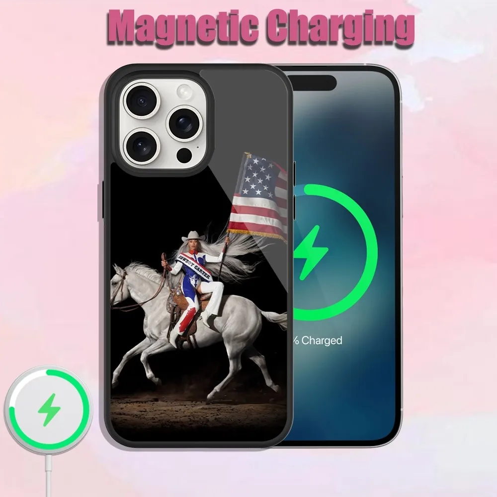 Singer B-Beyonce COWBOY CARTER Phone Case For iPhone 13 15 11 12 14 Plus Pro Max Glass Charging Magsafe Magnetic Cover