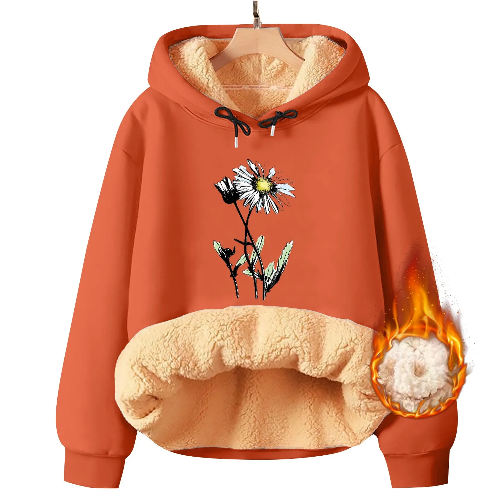 2024 Daisy Print Pullovers Women's Cute Flower Pattern Hoodies Winter Plush Tops Long Sleeve Baggy Hooded Autumn Couple Clothes