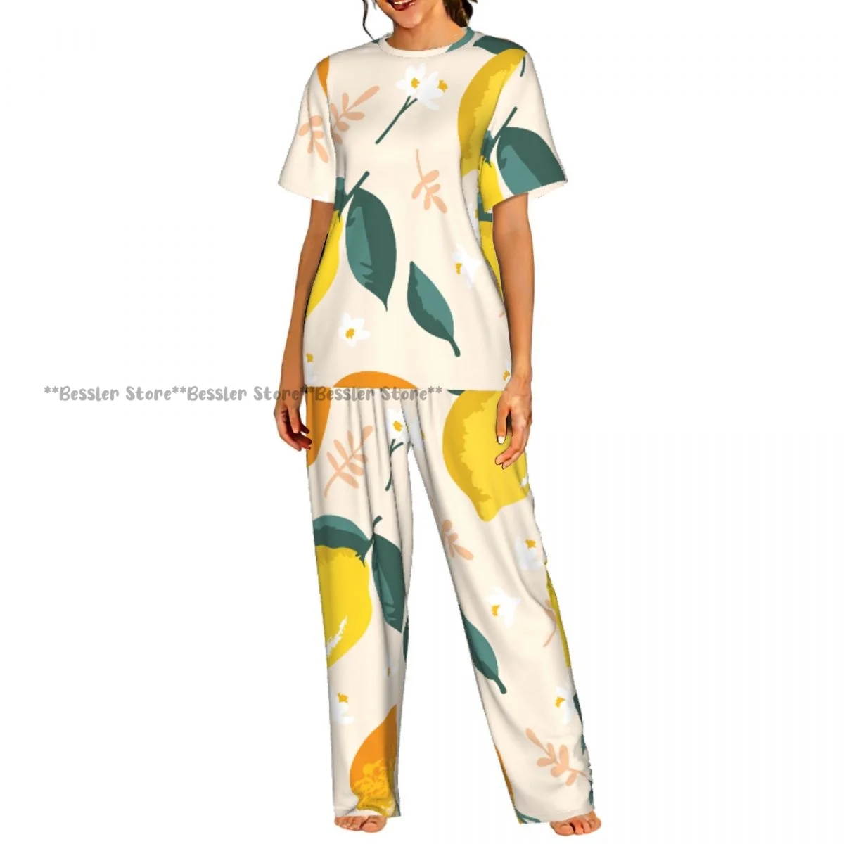 

Women's Pajamas Set Summer Lemons Oranges Flowers And Leaves Short Sleeve Sleepwear 2 Piece Homewear Loungewear