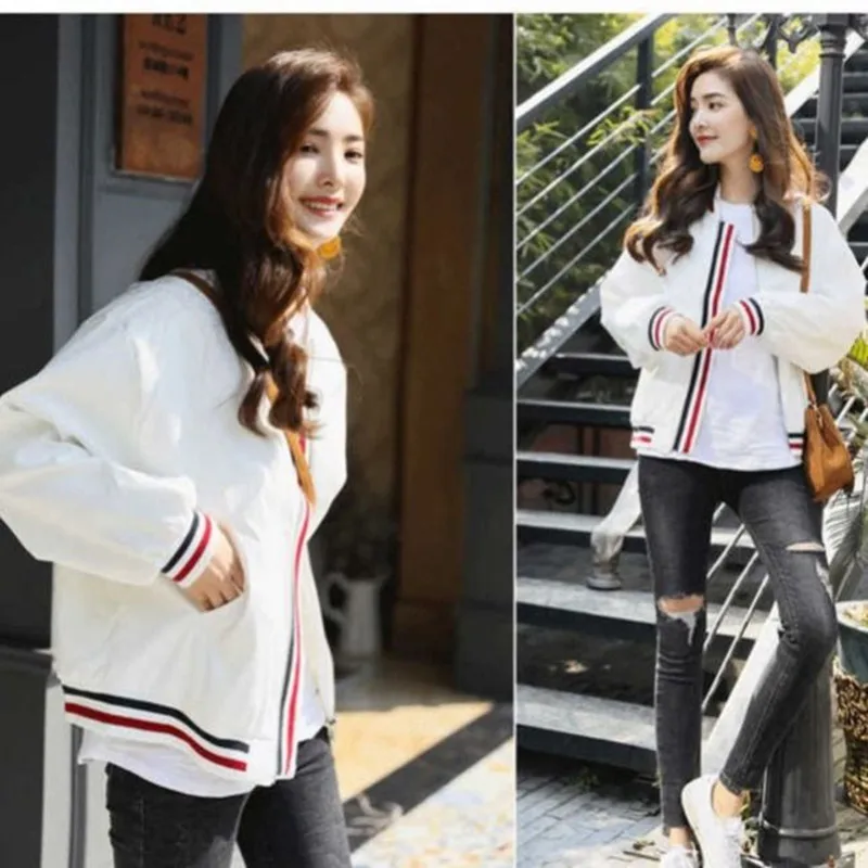 Women's Jacket Stripe Cardigan Contrast Color Zipper Long Sleeves Loose Thin Top Wholesale Autumn Korea New Fashion Lady Clothes