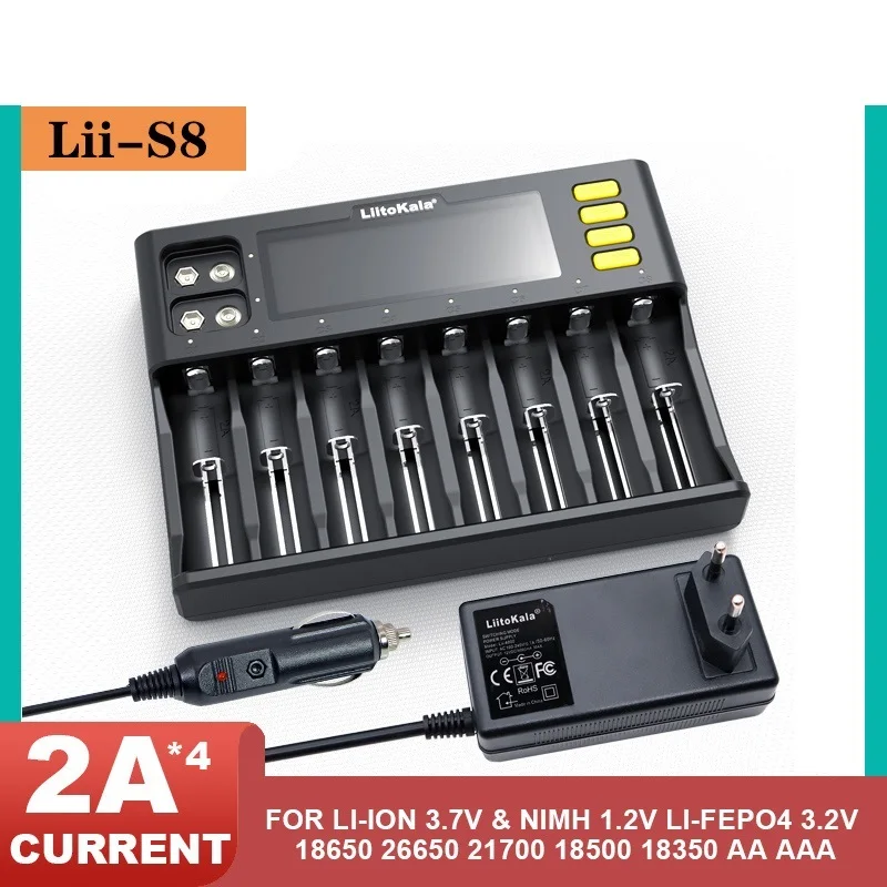 Top! Lii-S8 LCD Battery Charger Li-ion 3.7V NiMH 1.2V Li-FePO4 3.2V IMR 3.8V for 18650 26650 21700 26700 18350 AA AAA 9V