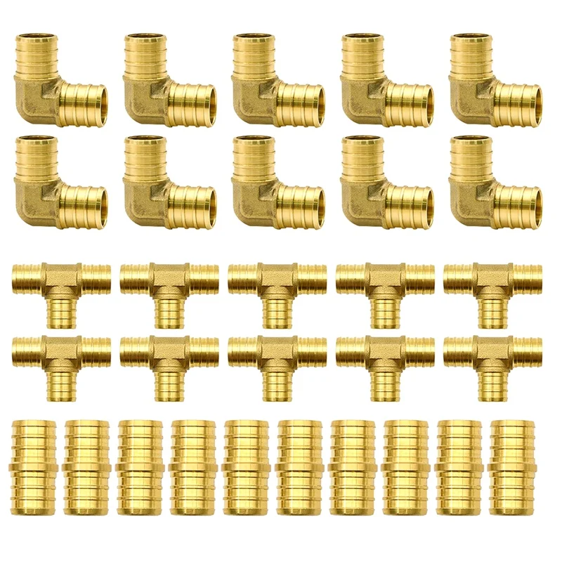 

30Pcs 3/4Inch Brass Fittings Brass Crimp Fitting Combo With Tees"T" ,Elbows,Couplings